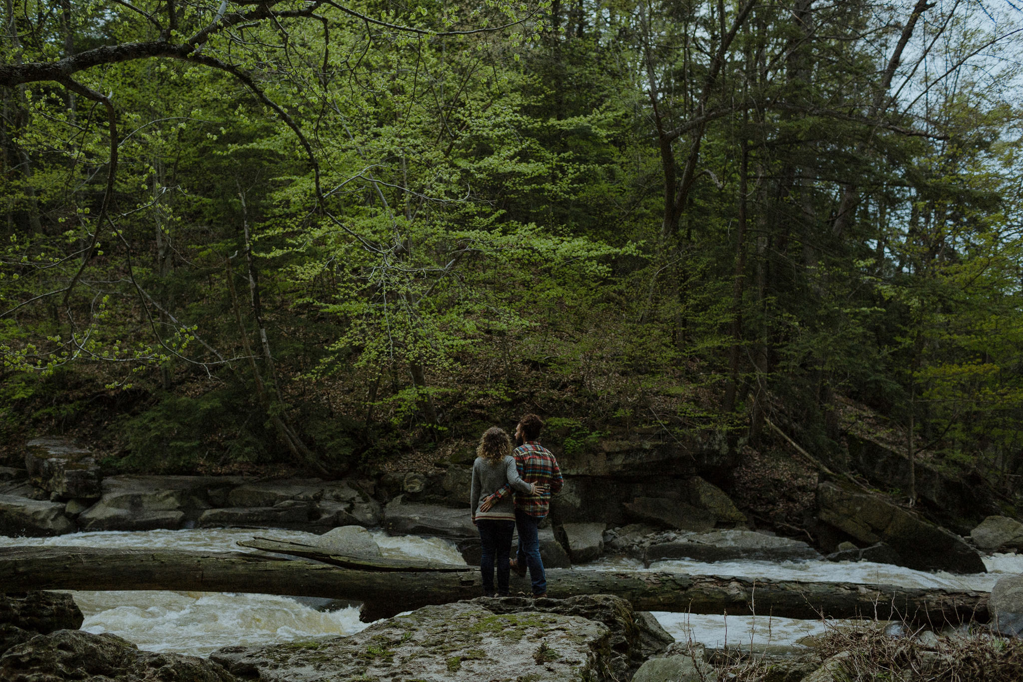 newly engaged couple enjoying the view of the rushing water at lower falls in balls falls conservation area in Niagara